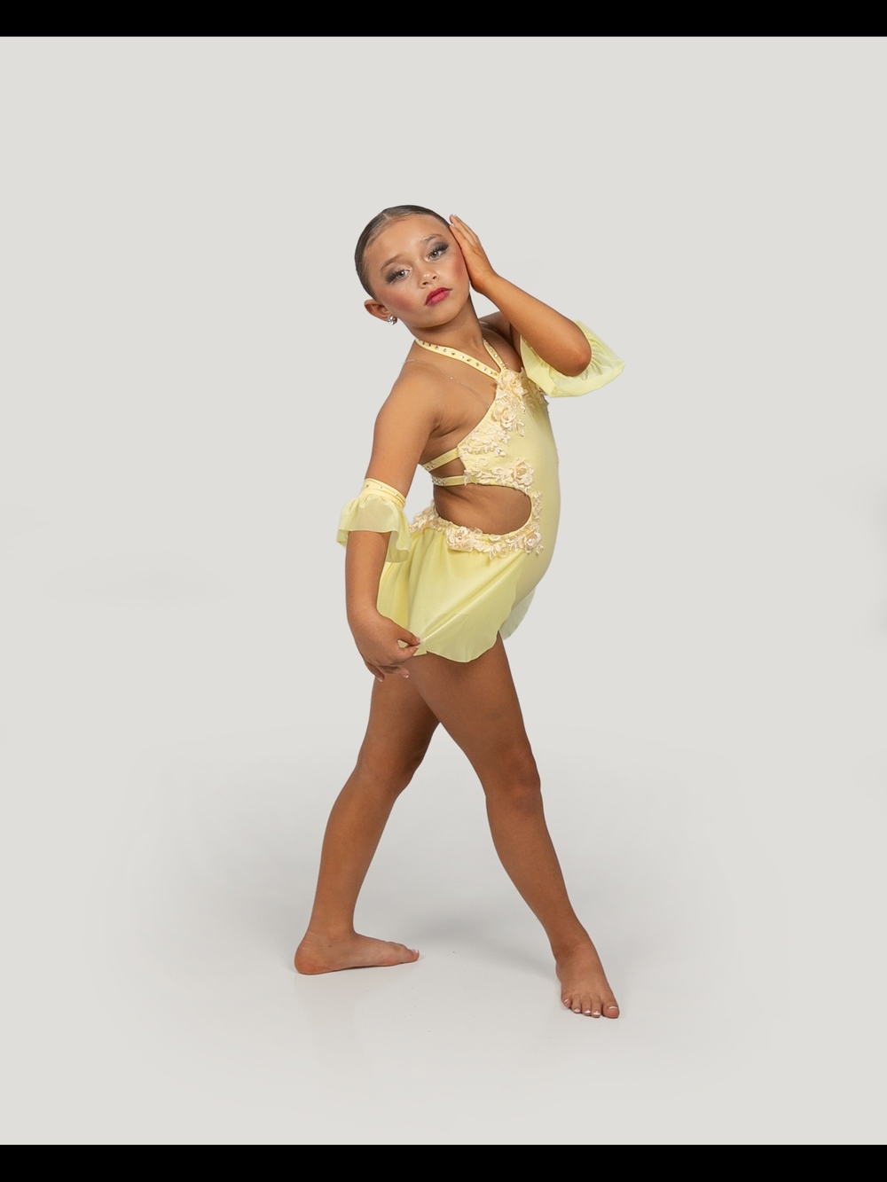 Yellow Girls' Dance Comp Costume with Cutout and Lace Trim
